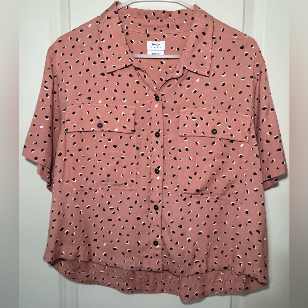 RVCA Dusty Rose Abstract Speckle Print Button Up Shirt Short Sleeve Pocket Top L